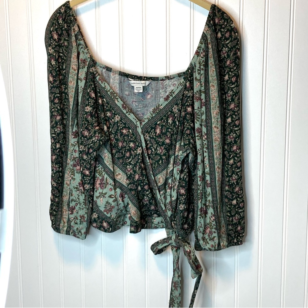 American Eagle Outfitters Green Floral Wrap Blouse